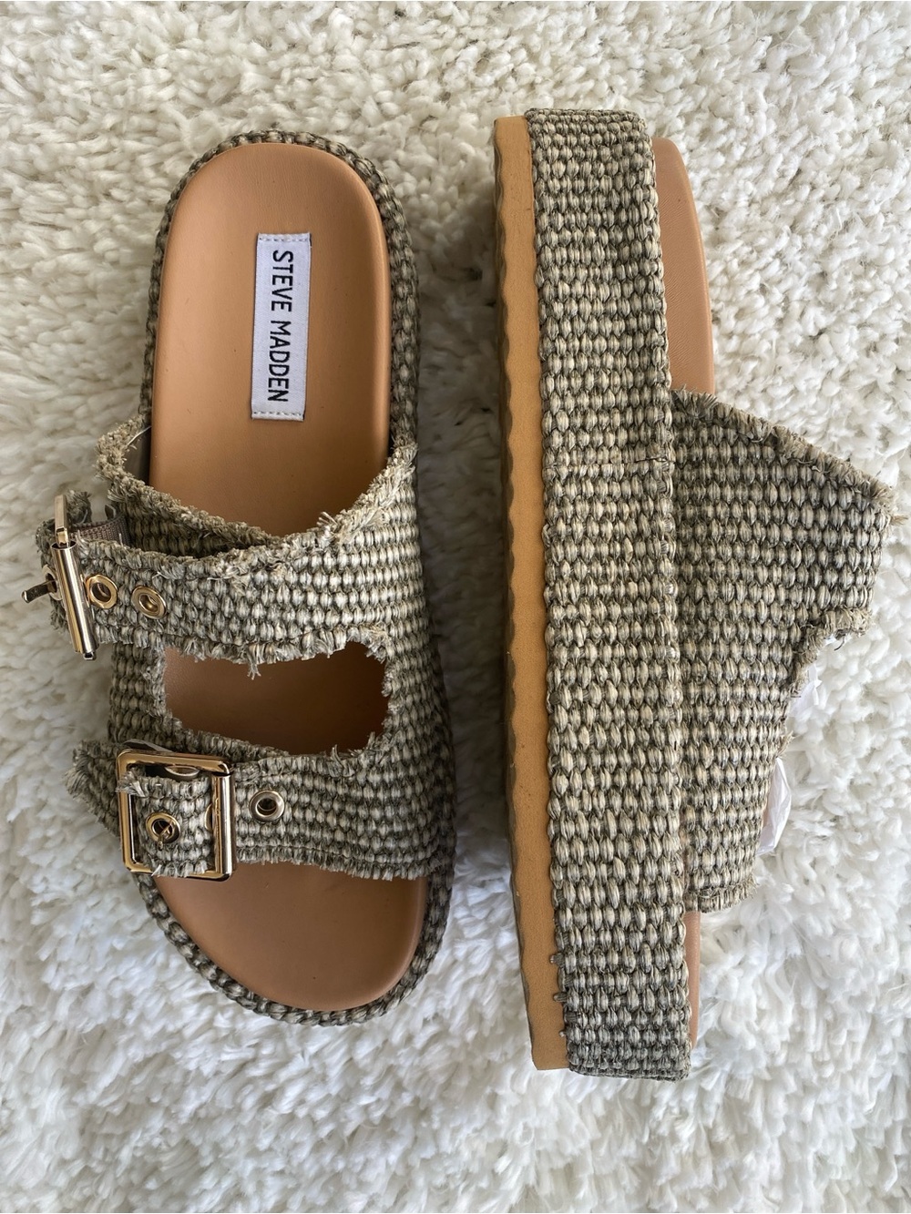 Steve Madden Beige Woven Double-Buckle Platform Mules - Picture 3 of 7